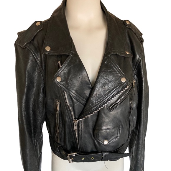 Vintage Jackets & Blazers - Vintage 80’s Distressed LONDON BLE Black Leather Cropped Motorcycle Jacket Sz XL